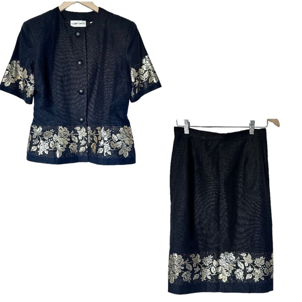 Vintage Albert Nipon Black & Gold Floral Embroidered Linen Skirt Suit Women's 8